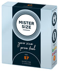 Kondompackung Größe 57, extra fein, 3 Kondome; „your size pure feel“.