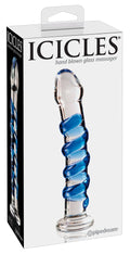 Verpackter Glas-Massage-Dildo mit blauem Spiralmuster, Nr. 05