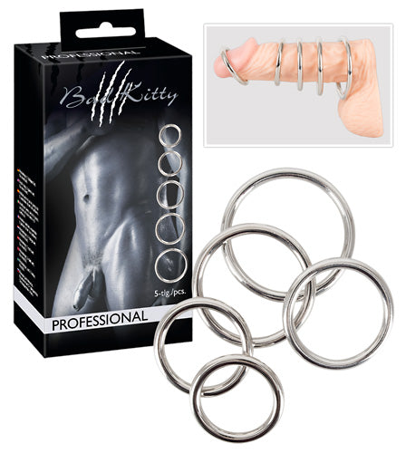 5-teiliges Penis-/Hodenring-Set aus Carbonstahl mit 5 silbernen Ringen, inkl. Box
