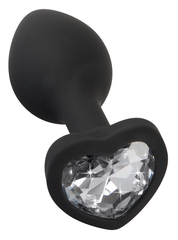 Schwarzer Silikon-Analplug mit großem Schmuckstein in Herzform am Standfuß