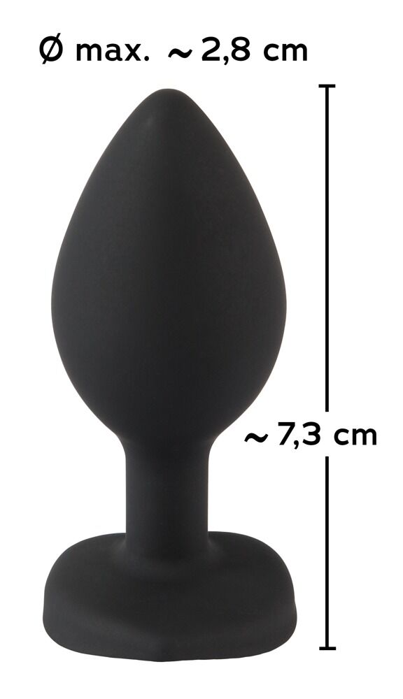 Schwarzer Silikon-Analplug mit breitem Standfuß, etwa 7,3 cm hoch und 2,8 cm breit