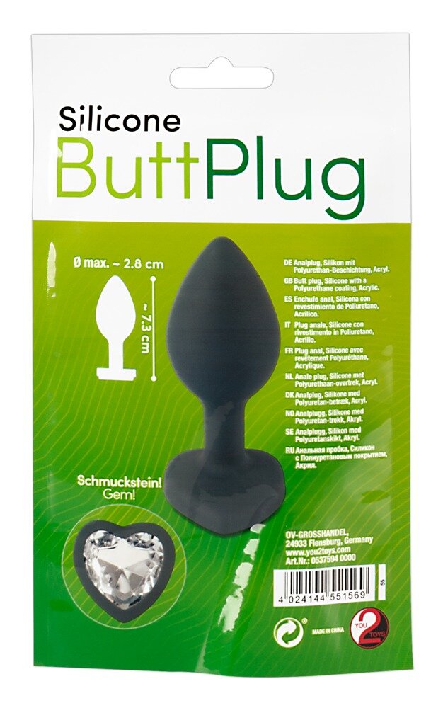 Verpackter Silikon-Analplug mit herzförmigem Schmuckstein und Größenangaben