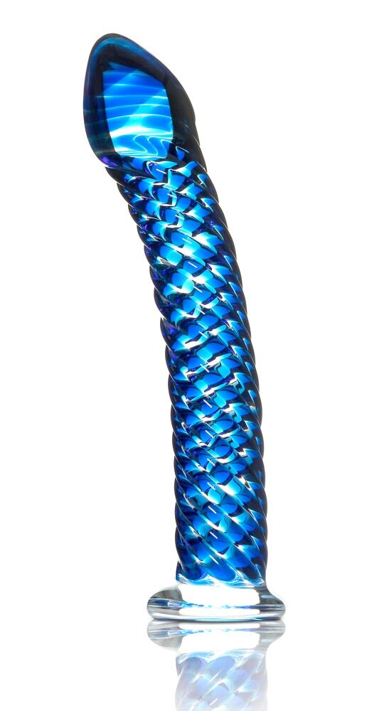 Blauer Glasmassager mit schimmerndem Spiralmuster und gebogener Spitze