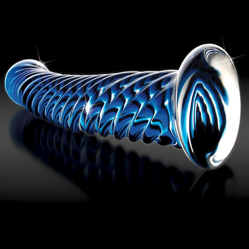 Blauer Glasmassager mit silberner Öffnung, Spiralstruktur und glatter Standfläche