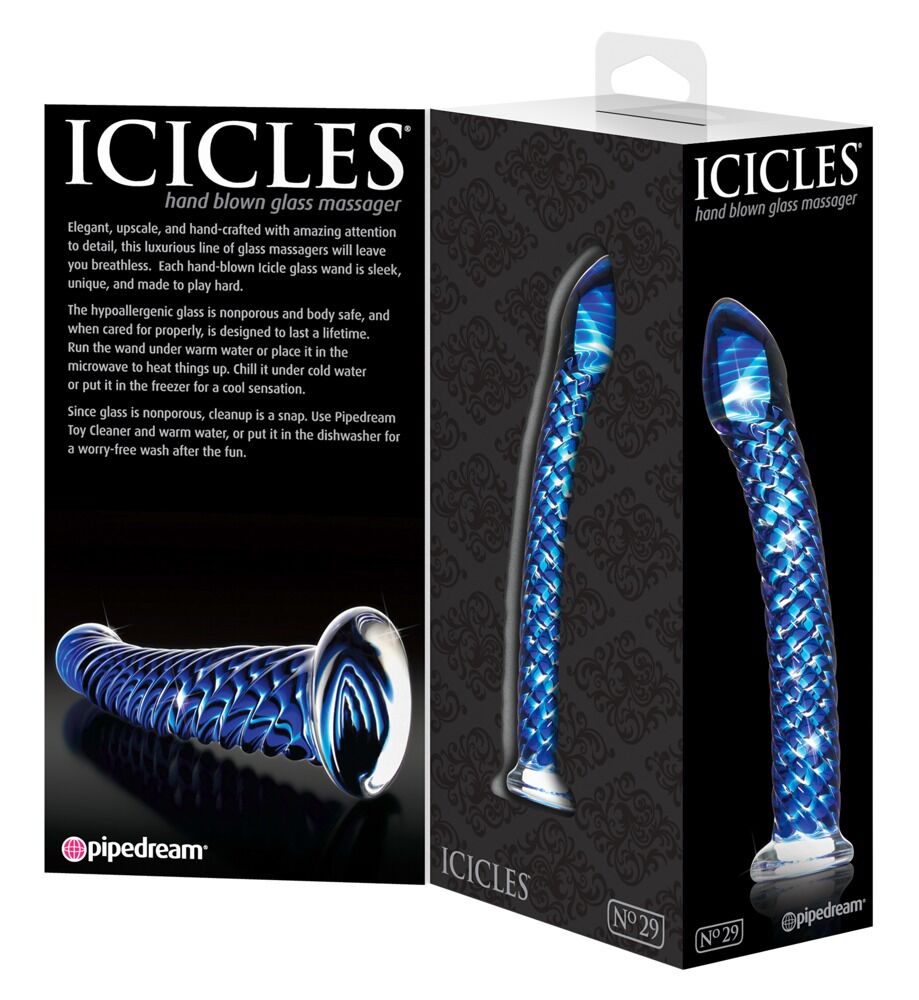 Glasmassager „No. 29“ mit blauem schimmerndem Spiraldesign und breiter Standbasis