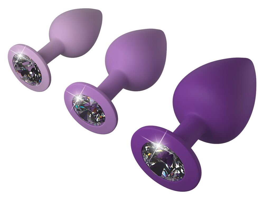 Lila Anal-Plug-Set mit drei Plug-Formen und funkelnden Einsatzringen