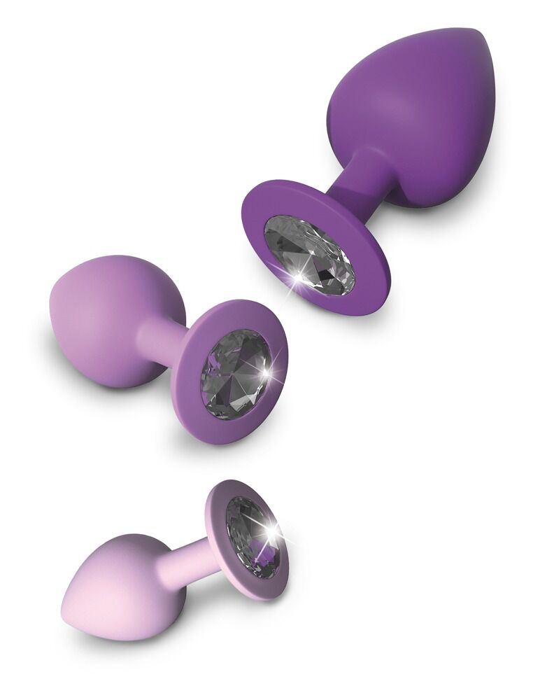 Lila Anal-Plug-Set mit drei Steckplugs und silbernen, glitzernden Einsätzen