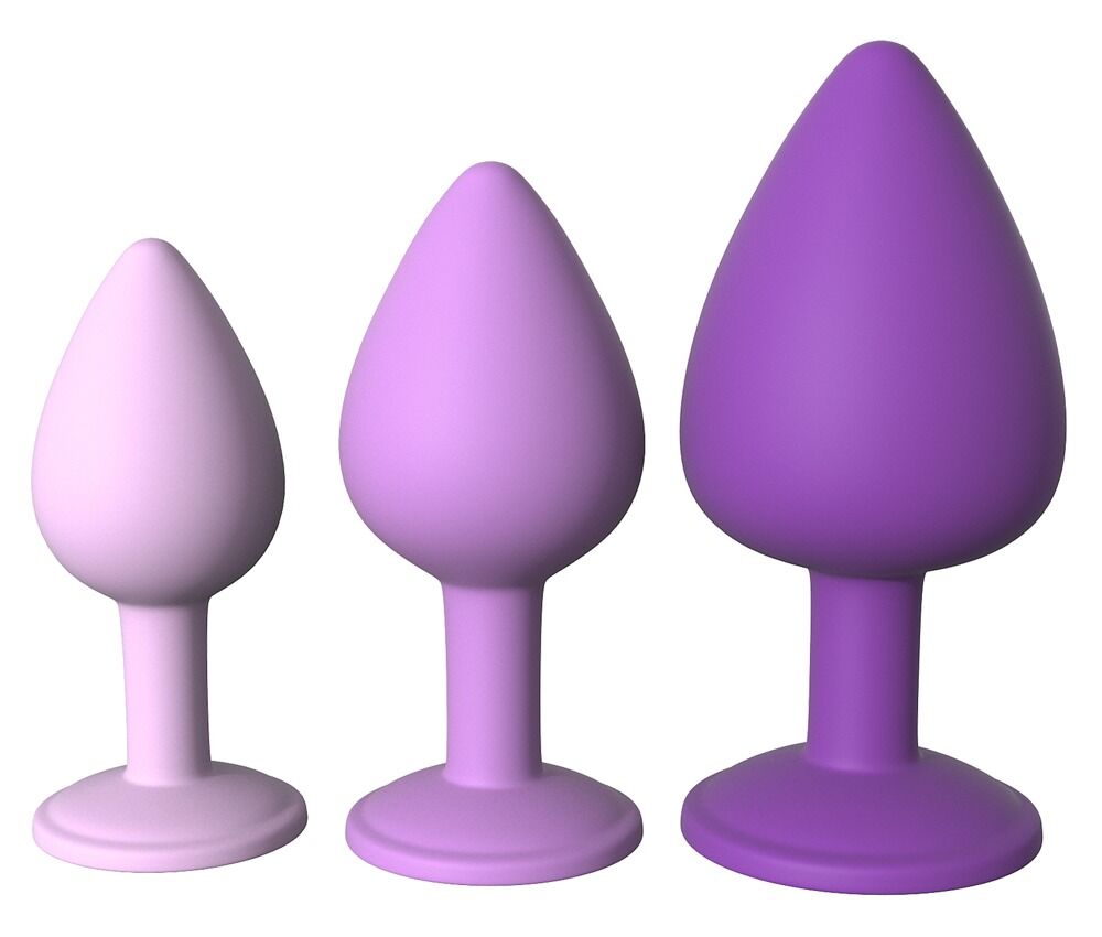 Lila Anal-Plug-Set mit drei konischen Silikonsteckern und breiter Standfläche