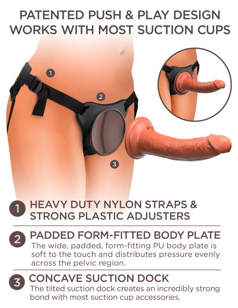 Harness mit gepolsterter Bodenplatte und Saugdock an der Taille, Dildo angesetzt
