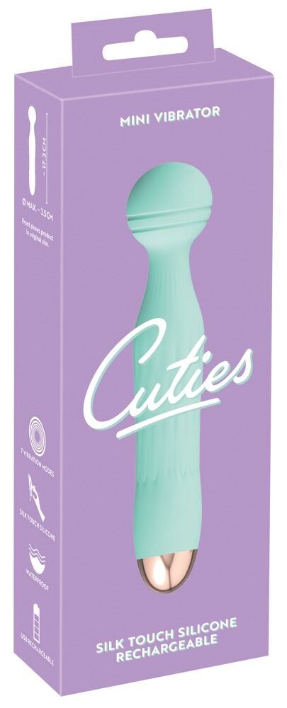 Cuties Mini-Vibrator Verpackung, türkisfarbener Silikon-Vibrator im Karton