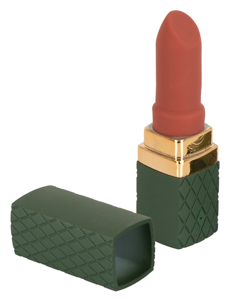 Minivibrator in Lippenstiftform, dunkelgrünes Gehäuse mit rosafarbenem Einsatz und goldener Kappe