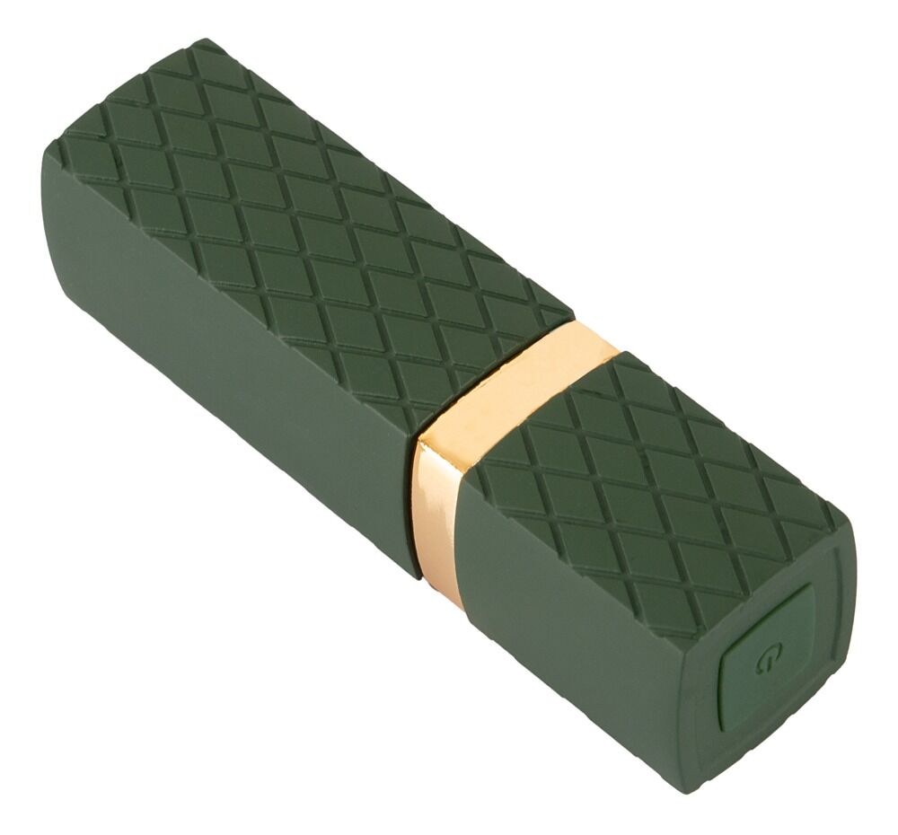 Minivibrator in Lippenstiftform, dunkelgrünes geriffeltes Gehäuse mit goldener Kupplung