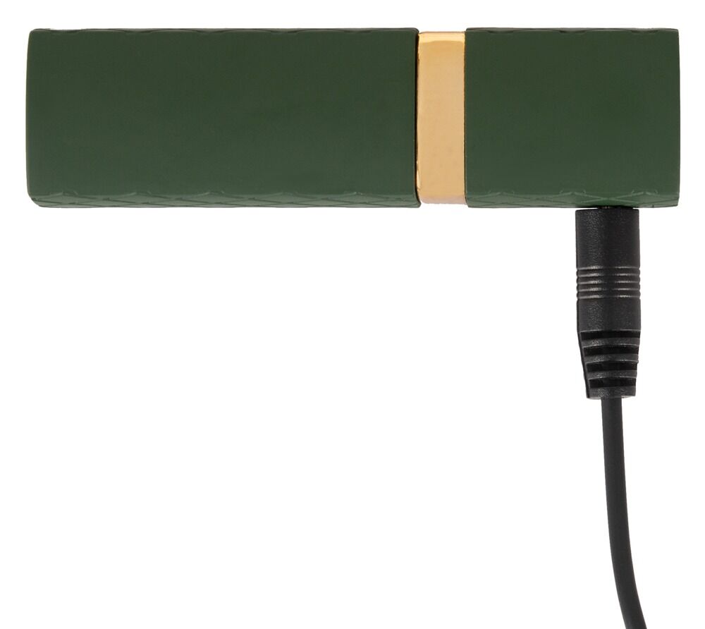 Minivibrator in Lippenstiftform, Kopfbereich geöffnet; seitlicher Anschlusskabel- bzw. Ladeanschluss