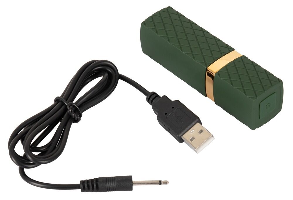 Minivibrator in Lippenstiftform mit USB-Kabel, dunkelgrünes Gehäuse und goldene Kappe