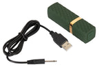 Minivibrator in Lippenstiftform mit USB-Kabel, dunkelgrünes Gehäuse und goldene Kappe