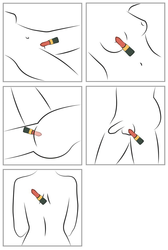 Minivibrator in Lippenstiftform im Einsatz, farbiger Einsatz an der Körperzone (Illustration)