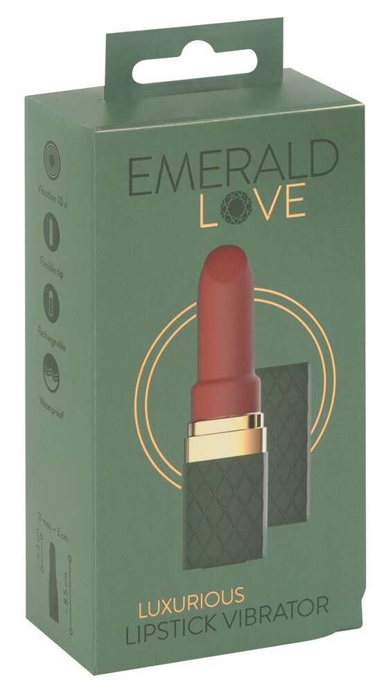 Minivibrator in Lippenstiftform, verpackt in grüner Box mit rosafarbener Kappe