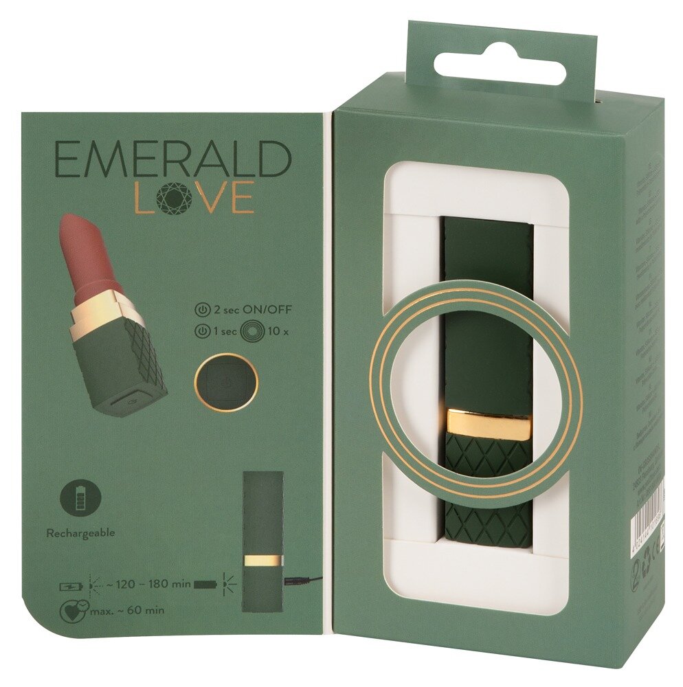 Minivibrator in Lippenstiftform, Verpackung offen mit Gerät im Schutzfach und dunkelgrünem Gehäuse
