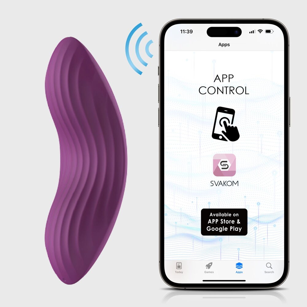 App-gesteuerter Auflegevibrator in Violett, neben Smartphone mit App
