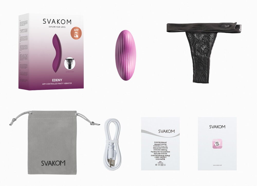 Auflegevibrator-Set: violetter Vibrator, Tasche, Kabel und Verpackung