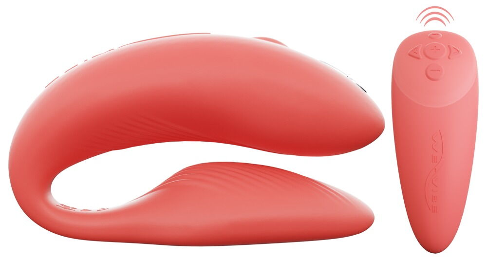 Korallfarbener Paarvibrator mit gebogener Silikonform und separatem Handteil