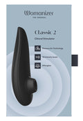 Womanizer Classic 2 Verpackung, abgebildeter Stimulator in Schwarz