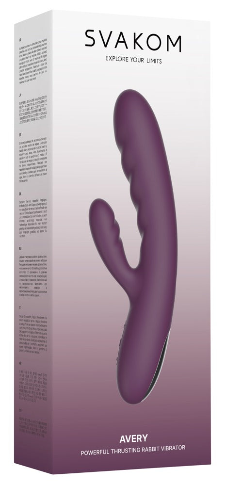 Verpackung: lila Kaninchen-Vibrator im Karton, doppelte Kopf-Funktion