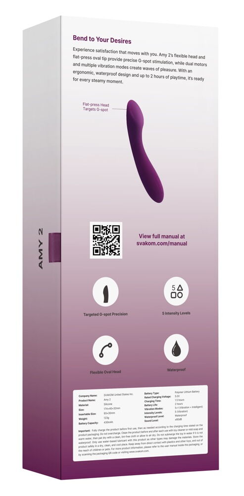 Vibrationsgerät Amy 2 in lila, Produktbox mit seitlicher Abbildung und Bedienhinweisen