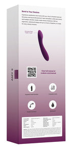 Vibrationsgerät Amy 2 in lila, Produktbox mit seitlicher Abbildung und Bedienhinweisen