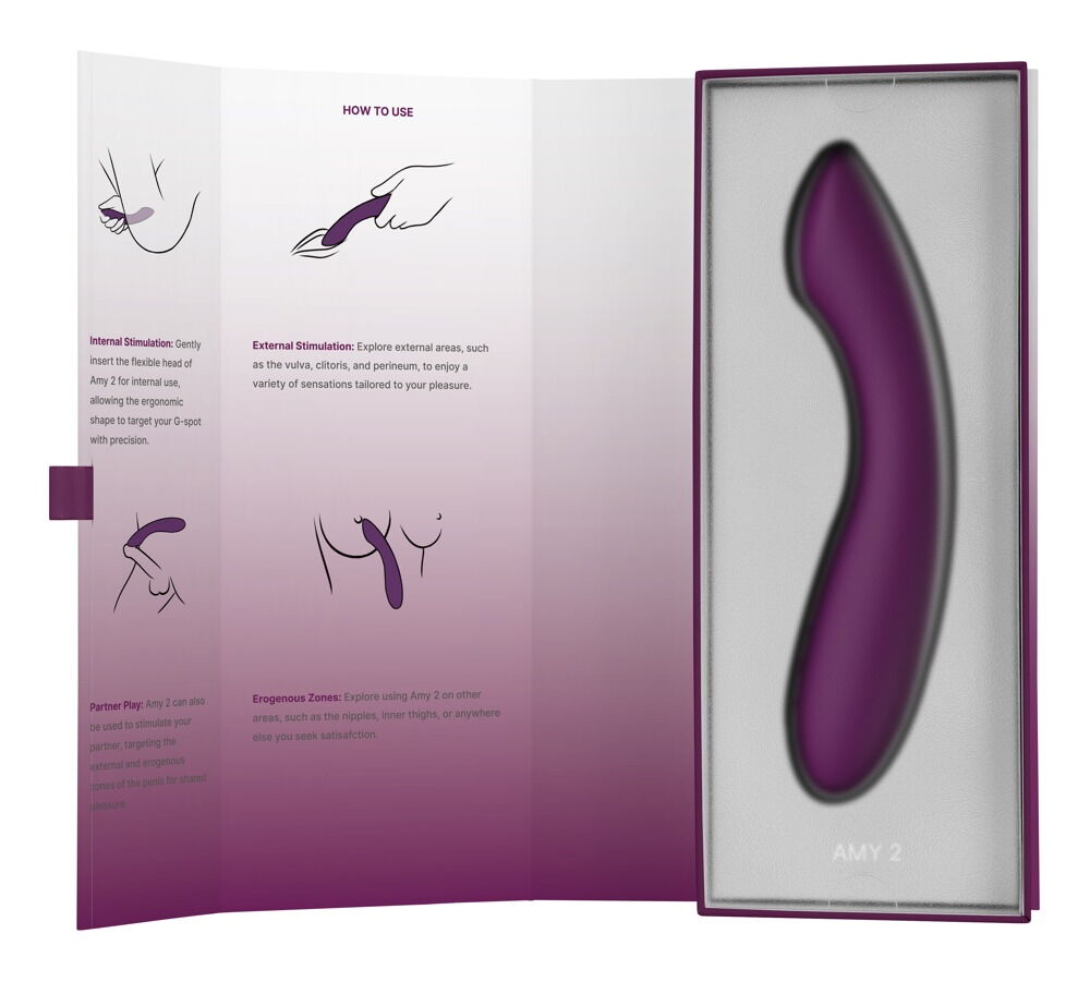 Vibrationsgerät Amy 2 (lila) in Verpackung mit Produktabbildung und Anleitung