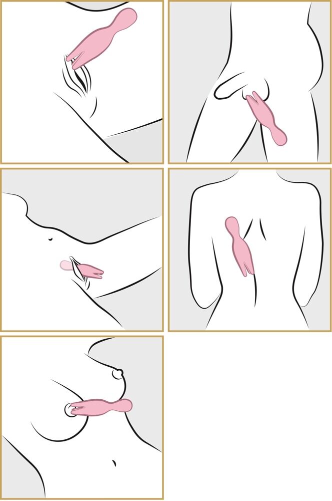 Pinkfarbener Auflegevibrator mit Genussfingern, in Körperanwendung illustriert