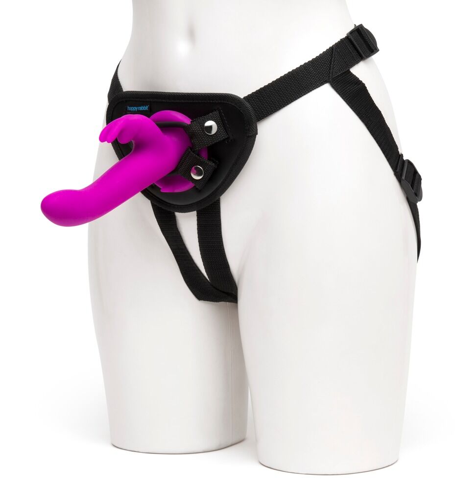 Vibrations-strap-on mit pinkem Kaninchenschwanz und schwarzem Tragegurt