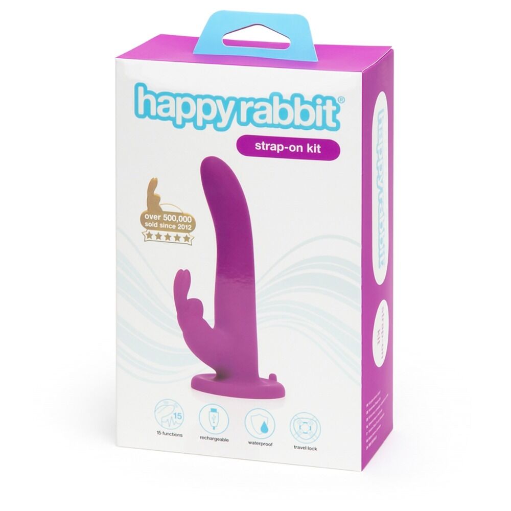 happyrabbit strap-on kit Verpackung mit pinkem Dildo-Motiv
