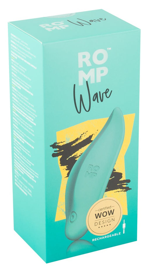 Verpackung eines Auflegevibrators, türkise Box mit ROMP-Logo und Wave-Aufdruck