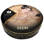 Mini Massagekerze: Deckel mit „DESIRE“-Schriftzug und Shunga-Motiv, runde Dose.