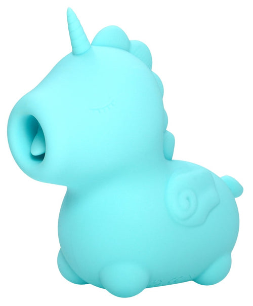 Einhorn-Auflegevibrator, türkis, Seitenansicht mit Horn und Prägung
