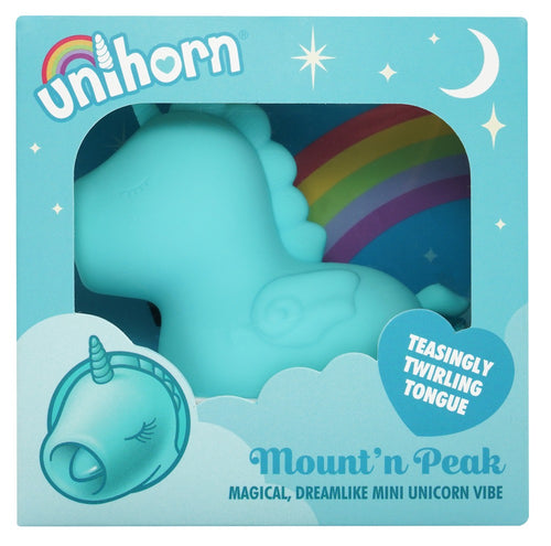 Auflegevibrator in Einhornform, türkis, mit Auflegekopf und bunten Details