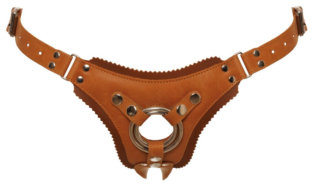 Strap-on-Geschirr aus echtem Leder, braune Lederriemen mit Metallringen