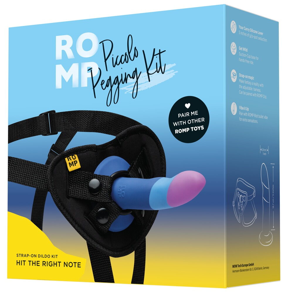 ROMP-Set-Verpackung „Piccolo Pegging Kit“ mit Zubehör und Strap-on-Bild