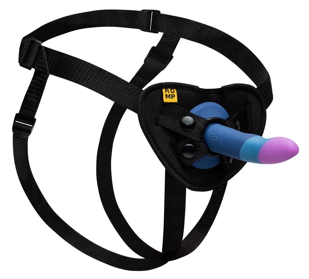 Strap-on-Geschirr mit blau-violettem Einsatz und verstellbaren Riemen