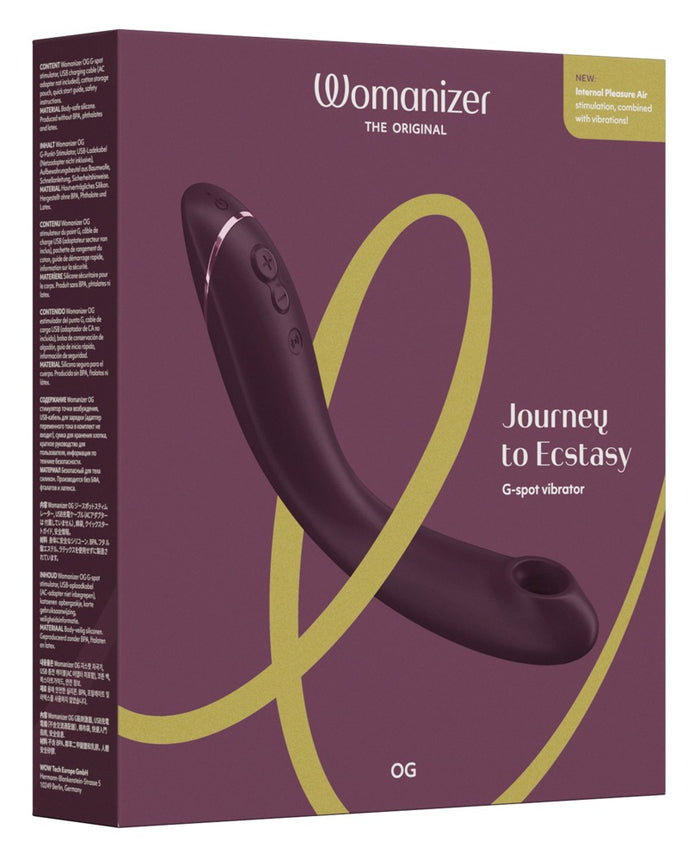 Womanizer OG Aubergine-Vibrator, Verpackungskarton mit Gerätdarstellung