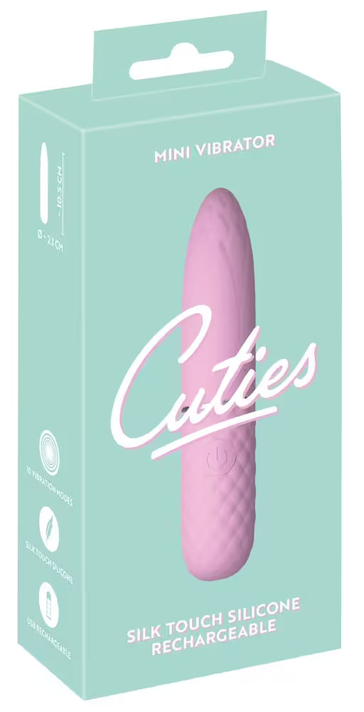 Mini-Vibrator-Verpackung, türkis, mit Abbildung des violetten Silikon-Vibrators