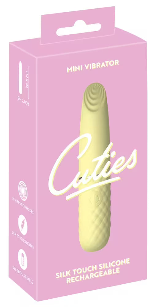 Verpackung „Cuties“: Mini-Vibrator, Silikon, nachladbar, pink mit gelbem Produkt