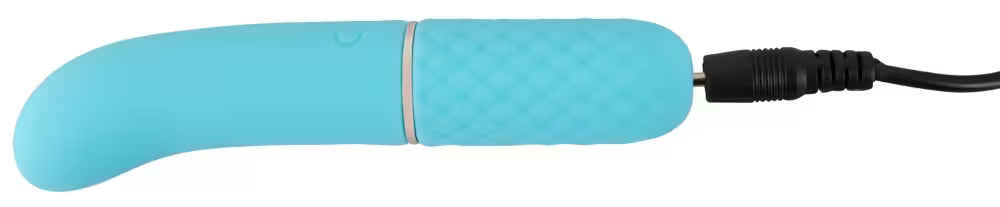 Blauer Mini-Vibrator mit USB-Ladekabel, Seitenansicht mit Metallring am Griff
