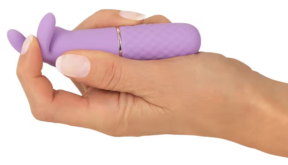 Mini-Vibrator aus Silikon, lila, mit abgerundeten Hasenohren im Handgriff