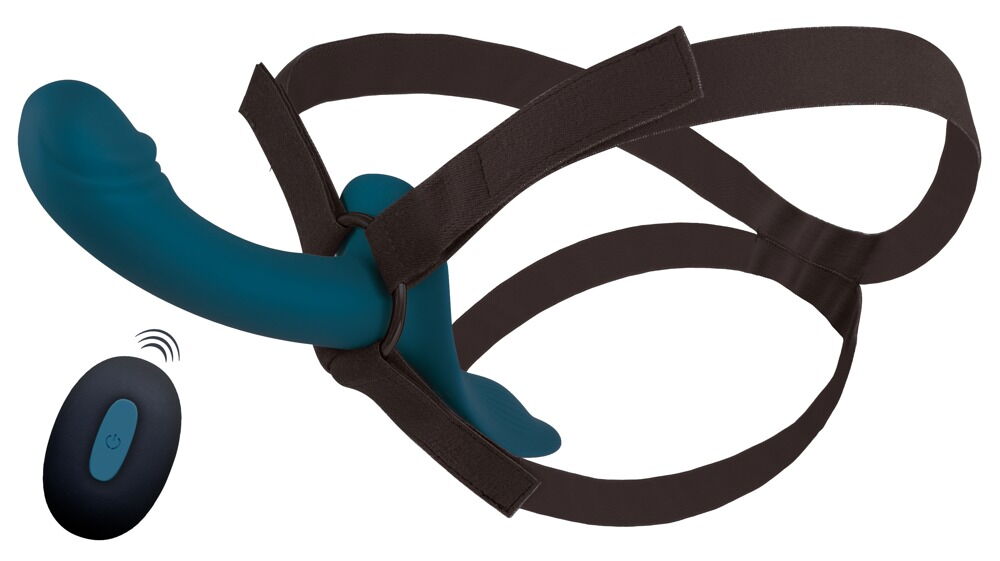 Vibrations-Strap-on-Set: tealfarbener Dildo, schwarzbraunes Harness und Fernbedienung