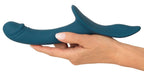 Tealfarbener Strap-on-Dildo mit abgerundeter Spitze, seitliche Ansicht