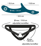 Maßskizze zum einstellbaren Harness und Dildo mit Ø-Angaben und Vibrationsbereich