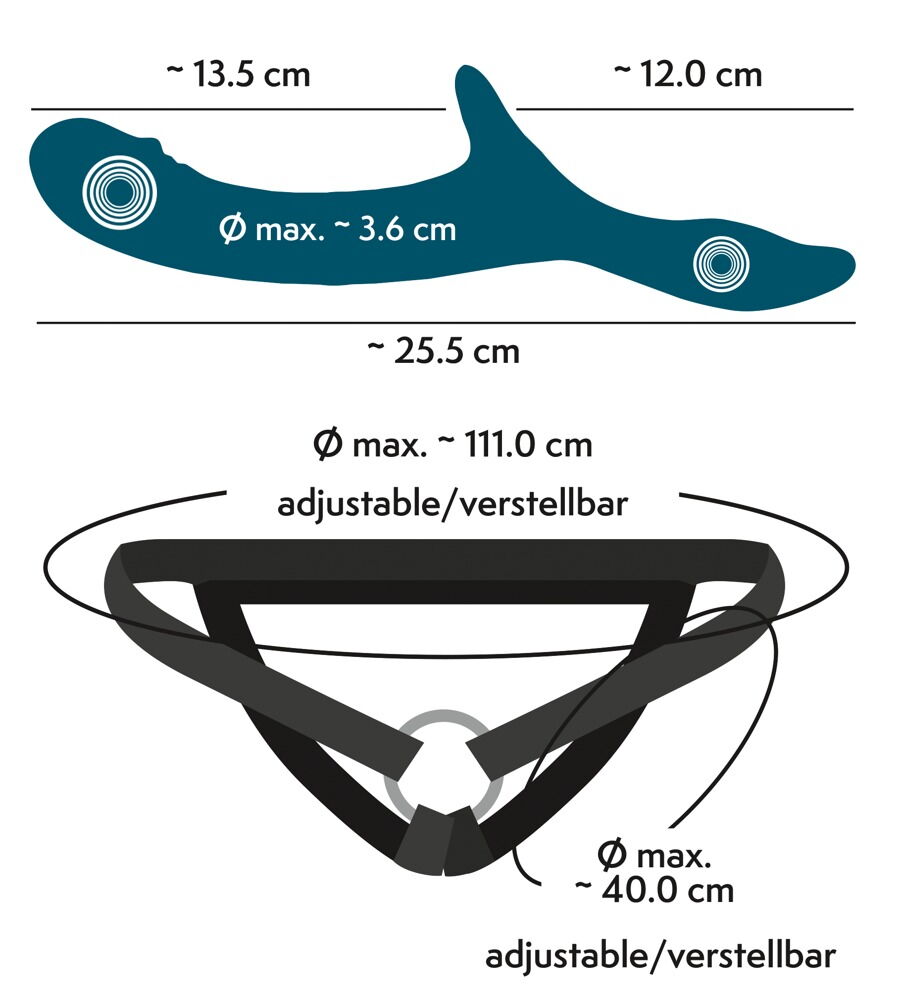 Maßskizze zum einstellbaren Harness und Dildo mit Ø-Angaben und Vibrationsbereich