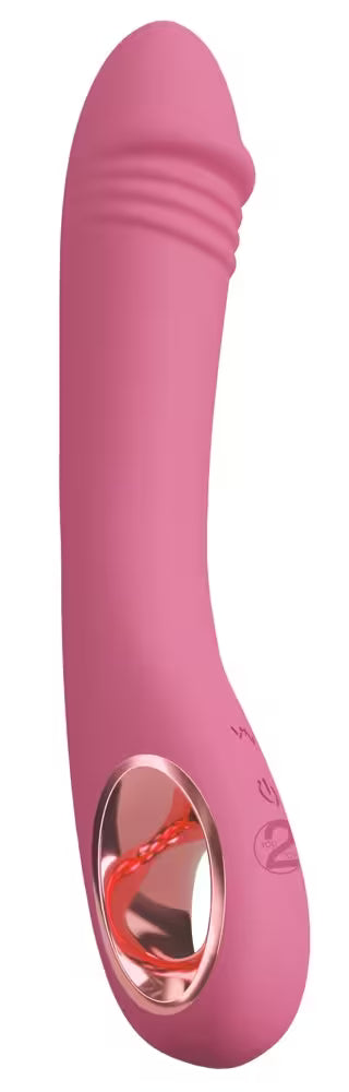 Rosafarbener G-Spot-Vibrator mit gebogener Form und Metallring-Öffnung an der Spitze